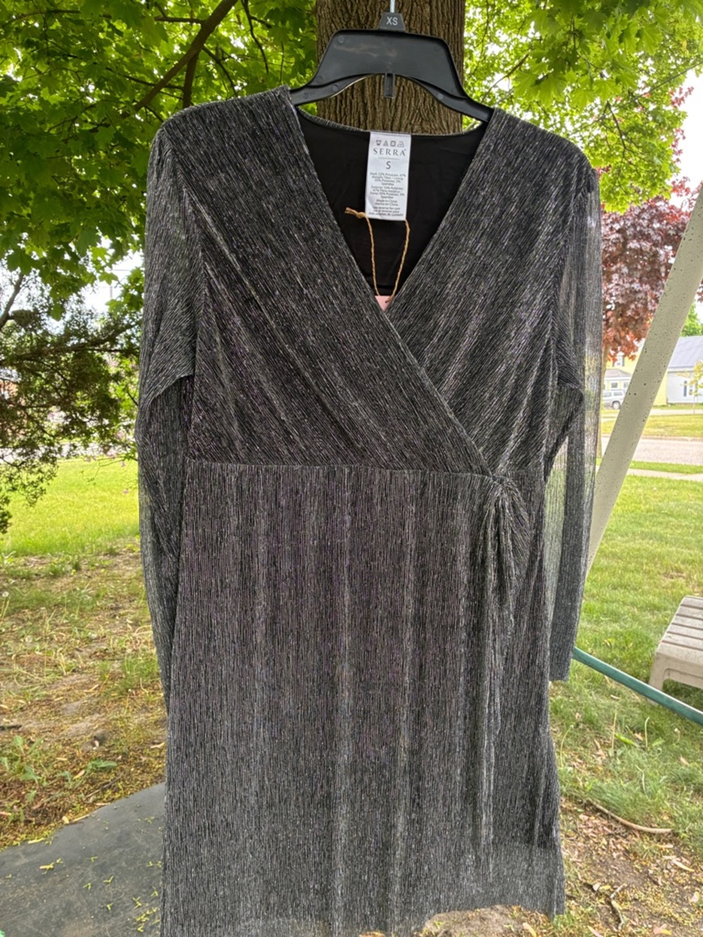 Serra Black Metallic Wrap-Front Long Sleeve Dress